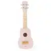 Laste ukulele mängupill 4 keelega alates 3. eluaastast | E-pood Tootemaailm Roosa väike ukulele valgel taustal, puidust kael ja neli keelt