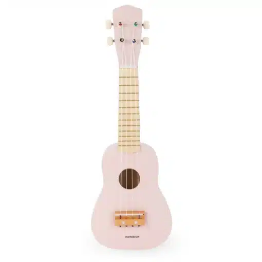 Laste ukulele mängupill 4 keelega alates 3. eluaastast | E-pood Tootemaailm Roosa väike ukulele valgel taustal, puidust kael ja neli keelt