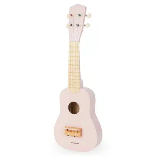 Laste ukulele mängupill 4 keelega alates 3. eluaastast | E-pood Tootemaailm Roosa ukulele valgel taustal, väike nelja keelega keelpill