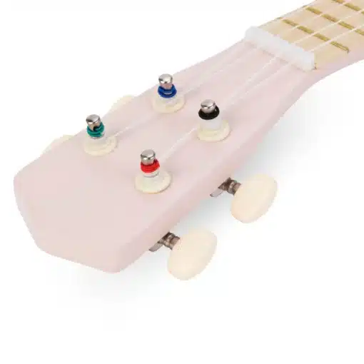 Laste ukulele mängupill 4 keelega alates 3. eluaastast | E-pood Tootemaailm Lähedalt vaade heledale ukulelele kuue keele ja häälestuspulkadega