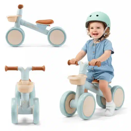 Laste neljarattaline tasakaaluratas korviga 12–36 kuud | E-pood Tootemaailm Helesinine kolmerattaline laste jalgratas korvi ja pruuni sadulaga, laps kiivriga peal
