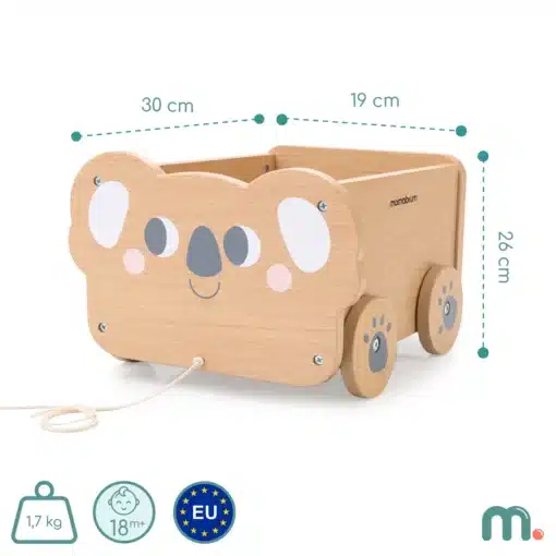 Laste järelveetav käru koalaga õppemänguasi 18+ kuud | E-pood Tootemaailm Puidust koala-kujuline kirstumänguasi nööriga, mõõtmed 30 x 19 x 26 cm