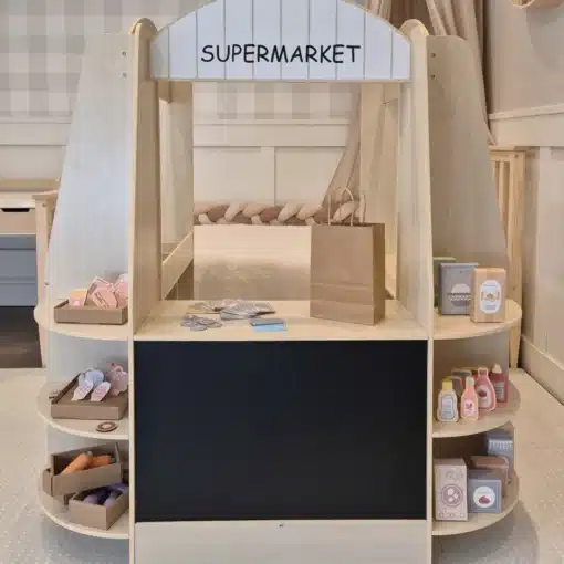 Laste mängupood 91-osalise tarvikukomplektiga | E-pood Tootemaailm Puidust mängu-supermarket laste mängunurk riiulite ja kassaleti osaga