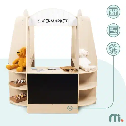 Laste mängupood 91-osalise tarvikukomplektiga | E-pood Tootemaailm Puidust mängu-supermarketi lett musta tahvlipaneeliga ja riiulitega