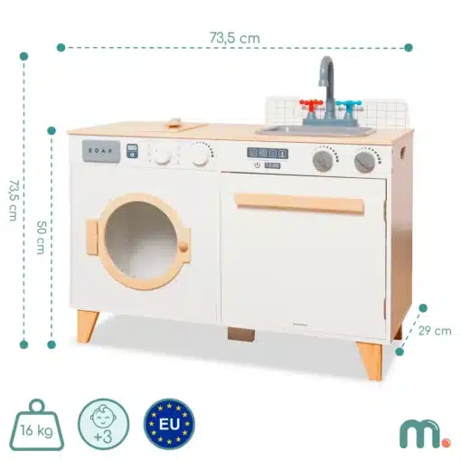 Laste 2-ühes mänguköök ja pesumasin | E-pood Tootemaailm Puidust mänguköök valamu, ahju ja pesumasinaga, mõõdud 73,5 × 73,5 × 29 cm