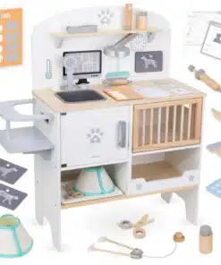 Puidust mänguveterinaari komplekt mängulaua, tarvikute ja loomateemaliste detailidega