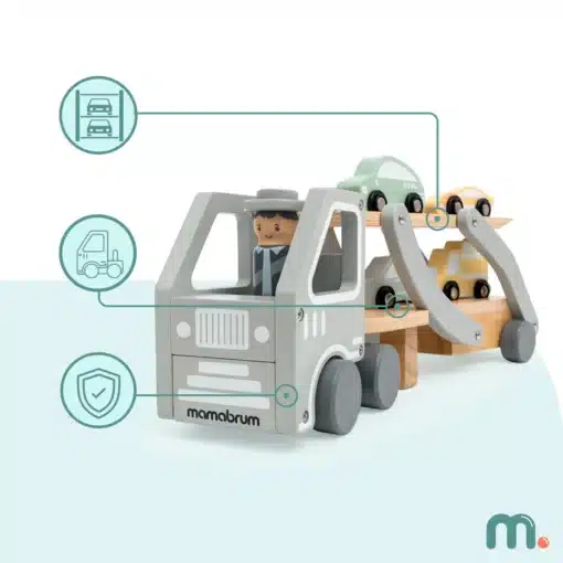 Puidust autoveok 4 autoga lastele 18+ kuud | E-pood Tootemaailm Puidust mänguauto kandur mänguautodega ja juhikujuga, Mamabrumi logo