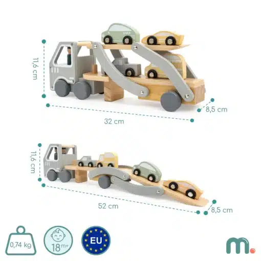 Puidust autoveok 4 autoga lastele 18+ kuud | E-pood Tootemaailm Puidust autovedaja mänguauto koos nelja väikese autoga, mõõdud 32 cm ja 52 cm