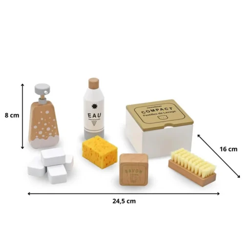 Montessori laste puidust koristuskomplekt 10-osaline | E-pood Tootemaailm Laste mängukomplekt vannitoa ja puhastuse tarvikutega, mõõdud 24,5 x 16 x 8 cm