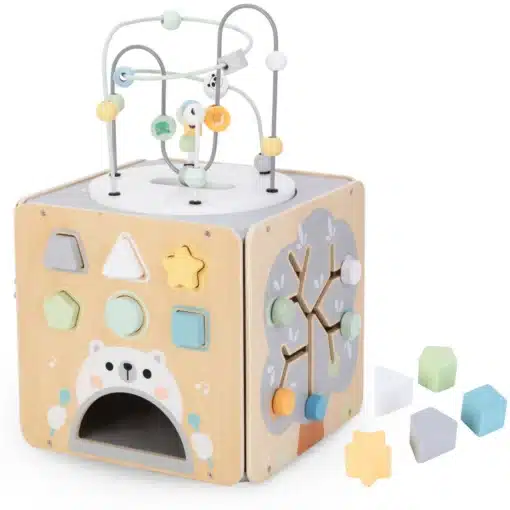 Montessori tegeluskuubik lastele 12+ kuud | E-pood Tootemaailm Puidust tegevuskuubik lastele kuju sobitamise, helmesteraja ja tegevuspaneelidega