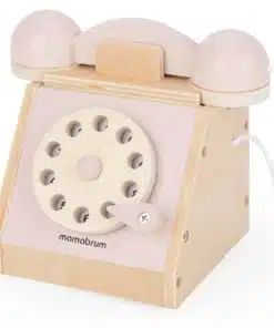 Puidust mängu telefon keeratava kettaga ja pastelsed detailid