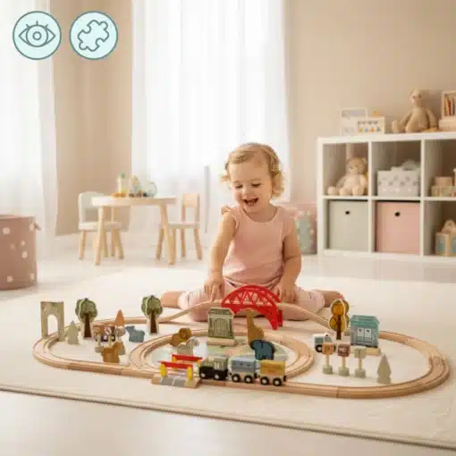 Laste puidust loomaaia rongirada komplekt | E-pood Tootemaailm Laps mängib puidust mängurajal ja ehitusklotsidest koosneva komplektiga heledas lastetoas