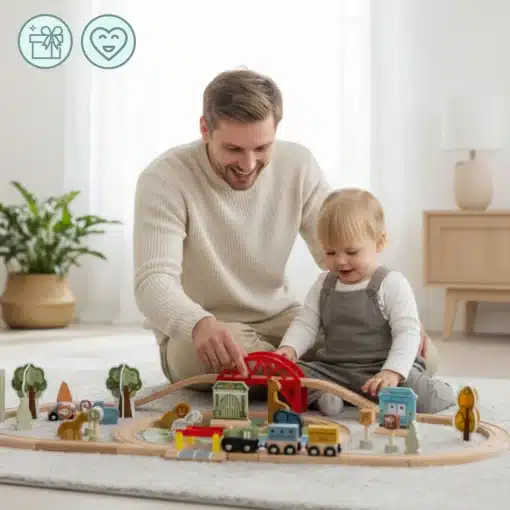 Laste puidust loomaaia rongirada komplekt | E-pood Tootemaailm Isa ja väikelaps mängivad koos puidust rongirajal elutoas