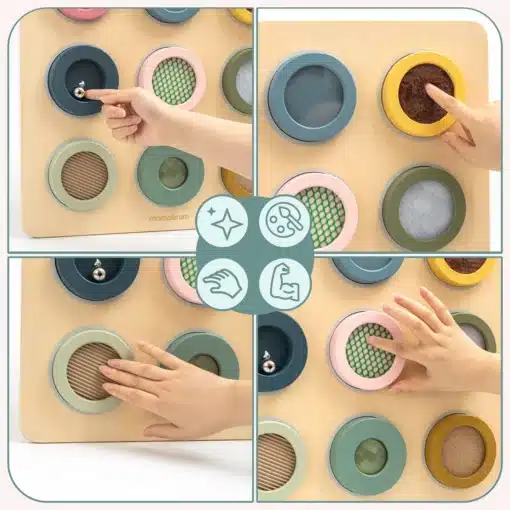 Montessori sensoorne tegelustahvel lastele 18+ kuud | E-pood Tootemaailm Puidust sensoorsed tegevuspaneelid värviliste pööratavate elementide ja kätega mängimas