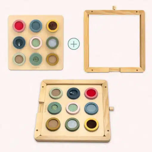 Montessori sensoorne tegelustahvel lastele 18+ kuud | E-pood Tootemaailm Puidust sensoorne mängupaneel värviliste eemaldatavate elementidega ja eraldi raam