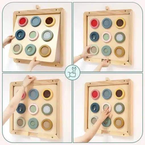 Montessori sensoorne tegelustahvel lastele 18+ kuud | E-pood Tootemaailm Puidust sensoorne tegevuslaud mitme värvilise pööratava elemendiga, mida laps kätega uurib