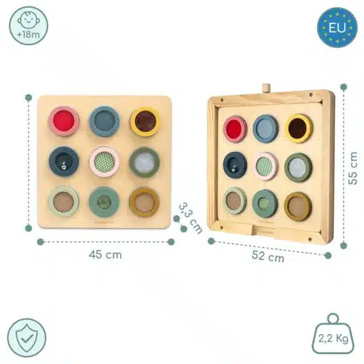 Montessori sensoorne tegelustahvel lastele 18+ kuud | E-pood Tootemaailm Puidust sensoorne mängulaud üheksa erineva tekstuuri ja värvilise avaga, mõõdud 45 x 55 cm