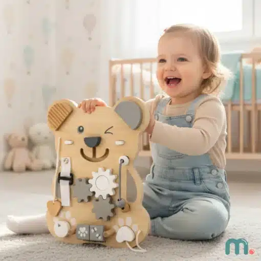 Montessori tegeluslaud lastele 10 ühes karu kujuline | E-pood Tootemaailm Naeratav väikelaps mängib puidust karu kujulise tegevuslauaga lastetoas