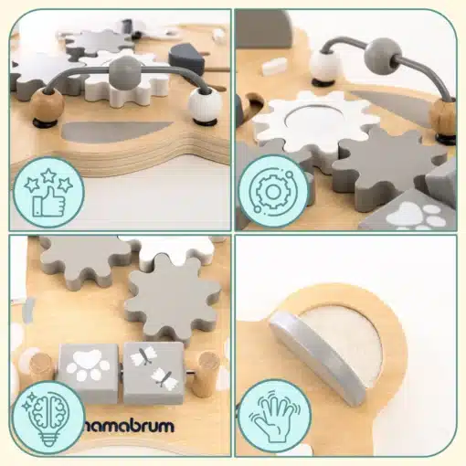 Montessori tegeluslaud lastele 10 ühes karu kujuline | E-pood Tootemaailm Puidust tegevuslaua detailid ja hammasratta-kujundid lapse peenmotoorika mängul