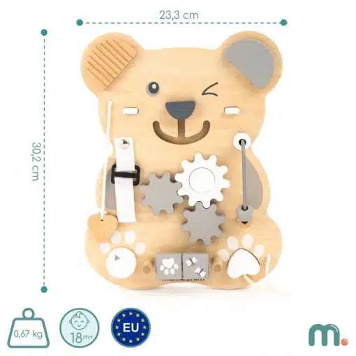 Montessori tegeluslaud lastele 10 ühes karu kujuline | E-pood Tootemaailm Puidust karukujuline tegevustahvel hammasrataste, rihma, nööri ja kujunditega, mõõdud 23,3 x 30,2 cm