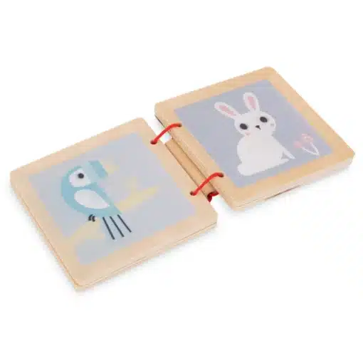 Montessori arendav puidust mängukomplekt beebile 6 tk | E-pood Tootemaailm Puidust pildikaardid lindude ja jänesega, ühendatud punaste nööridega
