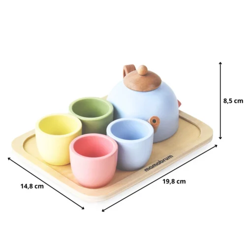 Puidust teekomplekt lastele kodu mängudeks | E-pood Tootemaailm Puidust teekomplekt kandikul: kann, neli tassi ja mõõtmed 19,8 x 14,8 x 8,5 cm