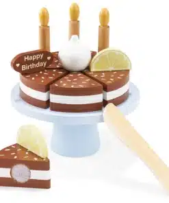 Puidust mängutort küünalde, „Happy Birthday“ sildi, sidruniviilu ja lõikelabidaga