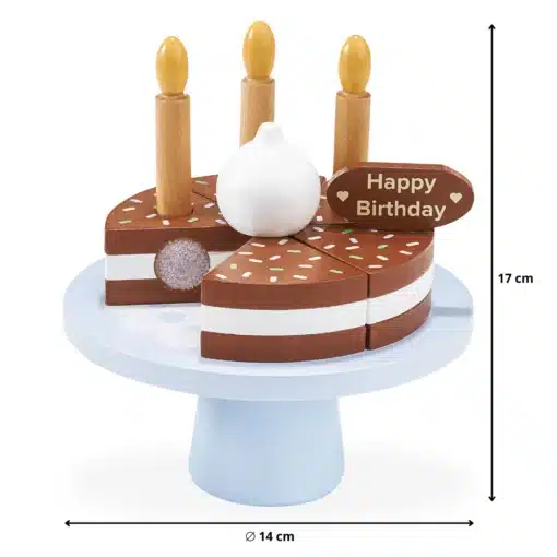 Sünnipäevatordi kujuline puidust küünlaalus pealdisega Happy Birthday, läbimõõt 14 cm ja kõrgus 17 cm