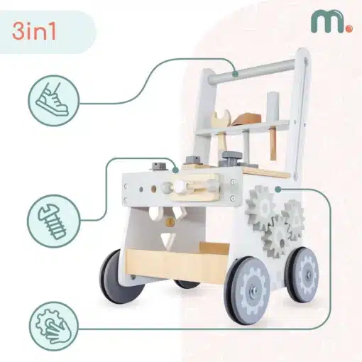 Puidust 3in1 käimistugi ja töölaud 47 osaga Montessori mänguasi | E-pood Tootemaailm 3in1 puidust mänguasi ratastega, hammasrataste ja tööriistadega õppemäng