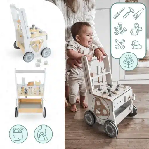 Puidust 3in1 käimistugi ja töölaud 47 osaga Montessori mänguasi | E-pood Tootemaailm Puidust kõndimiskäru lapsele, täis tegevuselemente ja ratastega disain