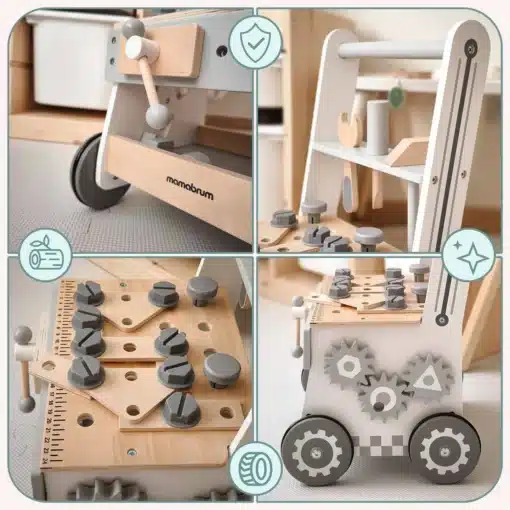 Puidust 3in1 käimistugi ja töölaud 47 osaga Montessori mänguasi | E-pood Tootemaailm Puidust montessori tegevusmänguasi rataste, hammasrataste ja nuppudega