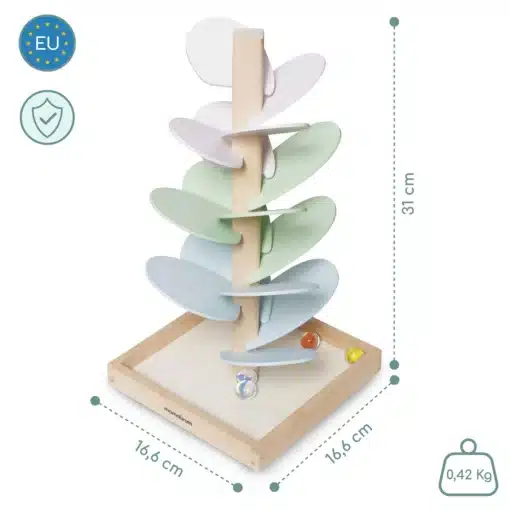 Puidust sensoorne kuulirada lastele 3+ | E-pood Tootemaailm Puidust lauamängu rada pastelsete lehtedega, 31 cm kõrge ja 16,6 cm lai