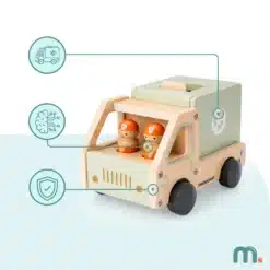 Puidust mänguauto kahe figuuriga, turvapädevuse ikoonidega pildil