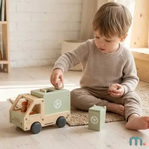 Puidust prügiveoauto sorteerimismänguasi lastele | E-pood Tootemaailm Väike laps mängib puidust mänguautoga ja klotsidega toas