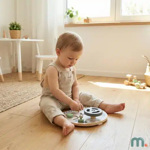 Rooliga Montessori tegevuslaud lastele | E-pood Tootemaailm Väikelaps mängib põrandal puidust arendava mänguasjaga valgusküllases toas