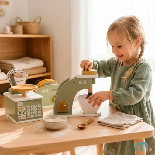 Väike tüdruk mängib puidust mänguköögiga ja segab kausis segu tööpinnal