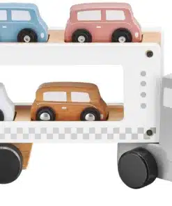 Puidust mänguauto ja haagise komplekt nelja väikese autoga