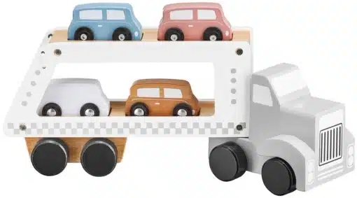 Puidust mänguauto ja haagise komplekt nelja väikese autoga