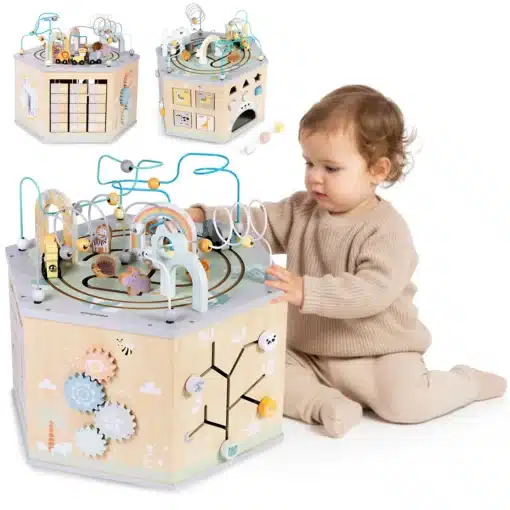 Montessori puidust tegevuskuubik lastele | E-pood Tootemaailm Laste puidust tegevuskuubik mitme mängupaneeli ja bead maze'iga, kõrval väikelaps mängimas