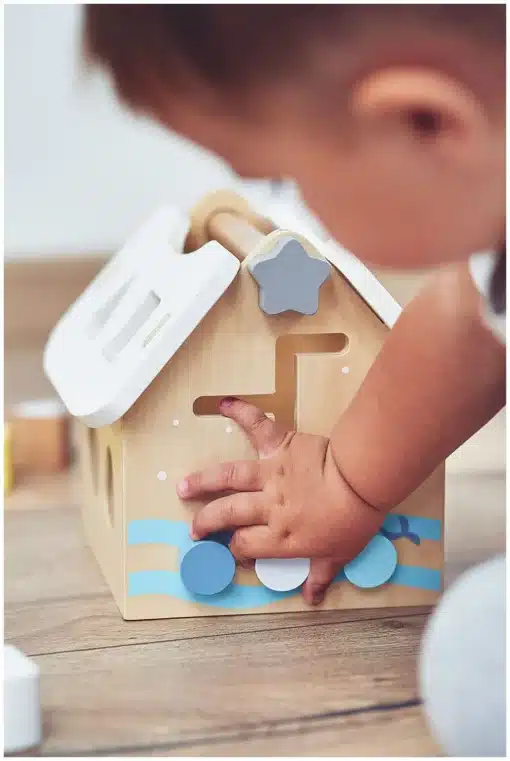 Puidust sorteerimismaja lukkudega Montessori mänguasi lastele | E-pood Tootemaailm Laps mängib puidust tegevusmajaga, millel on kujuavad ja värvilised detailid
