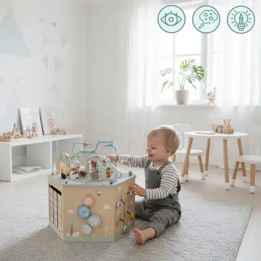 Montessori puidust tegevuskuubik lastele | E-pood Tootemaailm Väike laps mängib puidust tegevuslauaga heledas lastetoas.