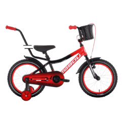 Punane-must laste jalgratas korvi ja abiratastega, külgvaates