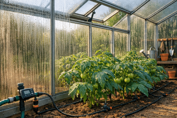 Kasvuhoone kondensaat hommikul? Kontrolli seda | E-pood Tootemaailm Hommikune kondensaat kasvuhoone klaasil ja tomatitaimed sees