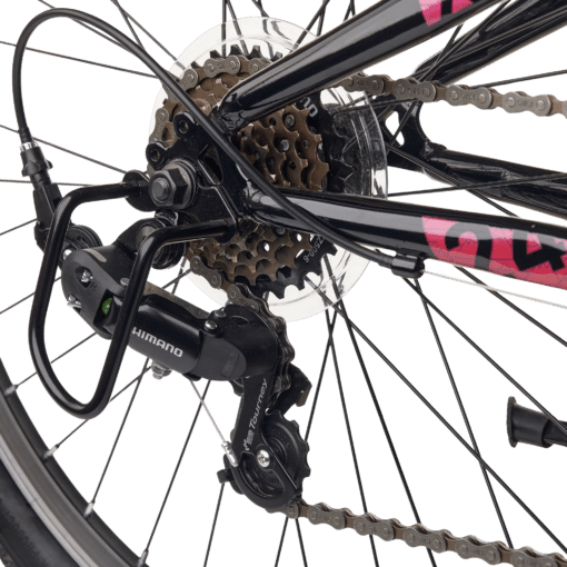 Jalgratta tagaratas koos Shimano tagavahetaja, keti ja kassettiga lähedalt