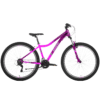Roosa ja lilla hardtail-tüüpi jalgratas mustadel rehvidel, külgvaates