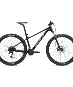 Must hardtail-mägijalgratas musta raamiga ja suurte rehvidega külgvaates