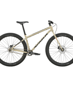 Beež hardtail-mägijalgratas laiade rehvide, esiamortisaatori ja ketaspiduritega