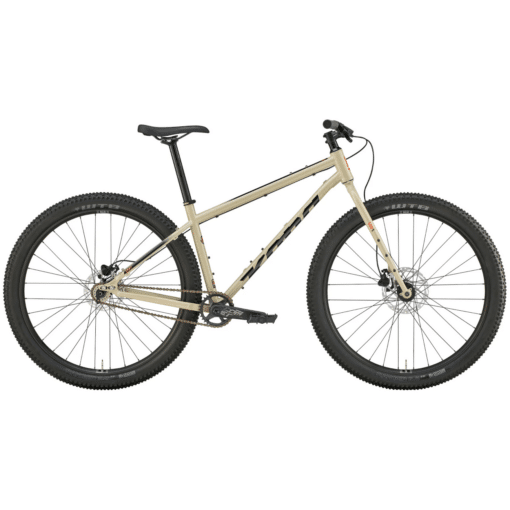 Beež hardtail-mägijalgratas laiade rehvide, esiamortisaatori ja ketaspiduritega