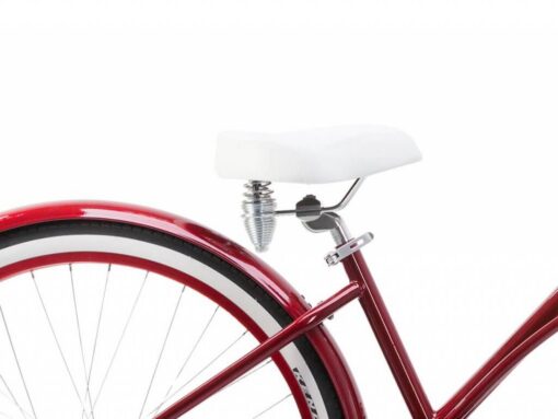 Naiste cruiser-jalgratas Kokkedal Cherry 3 käiguga | E-pood Tootemaailm Punase jalgratta tagumine osa ja valge sadul valgel taustal