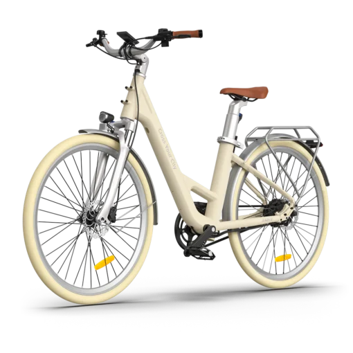 Helebeige linna- ja elektrijalgratas pakiraami, porilaudade ja ketikaitsega